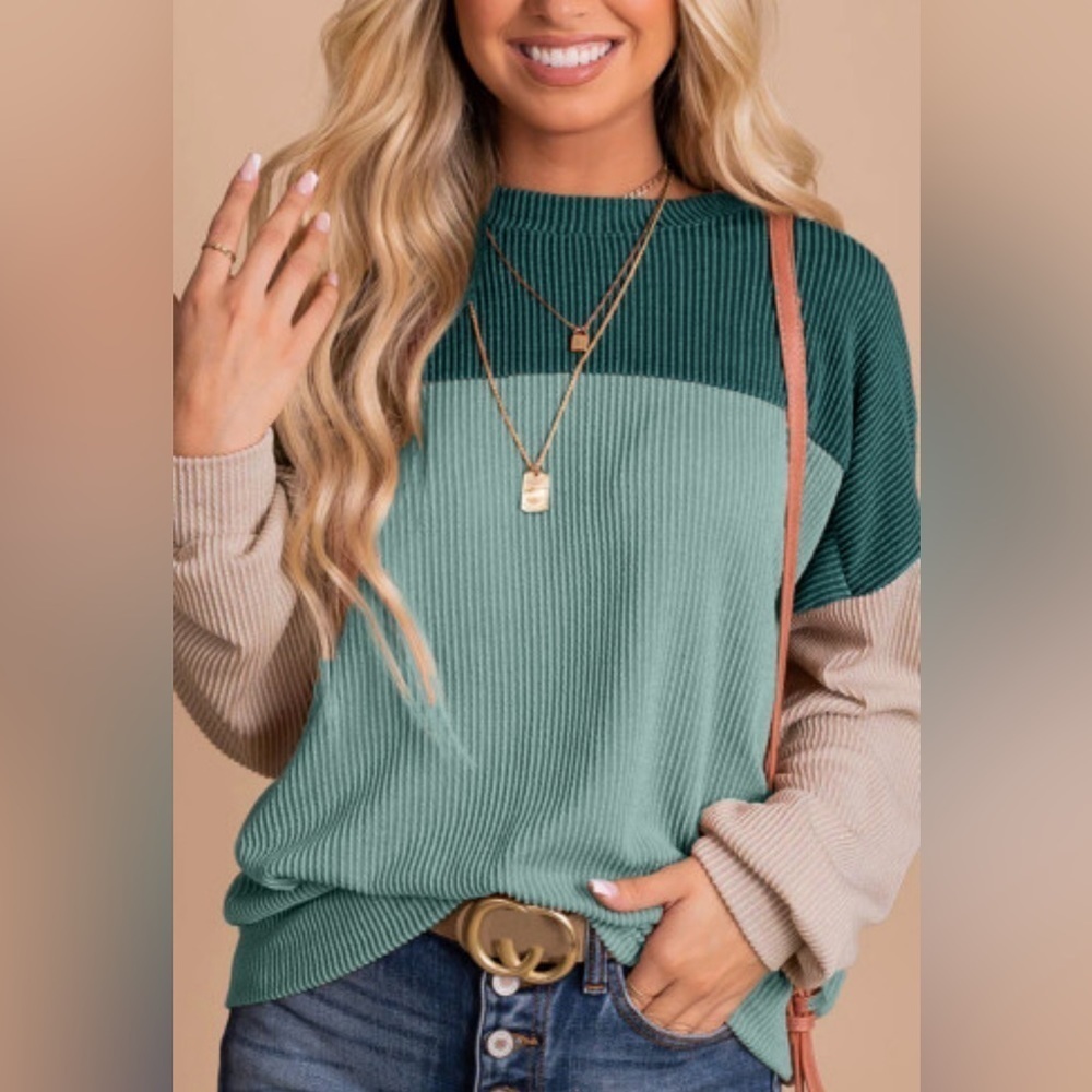 NEW Green and Apricot Color Block Corduroy Look Ribbed Oversized Top
